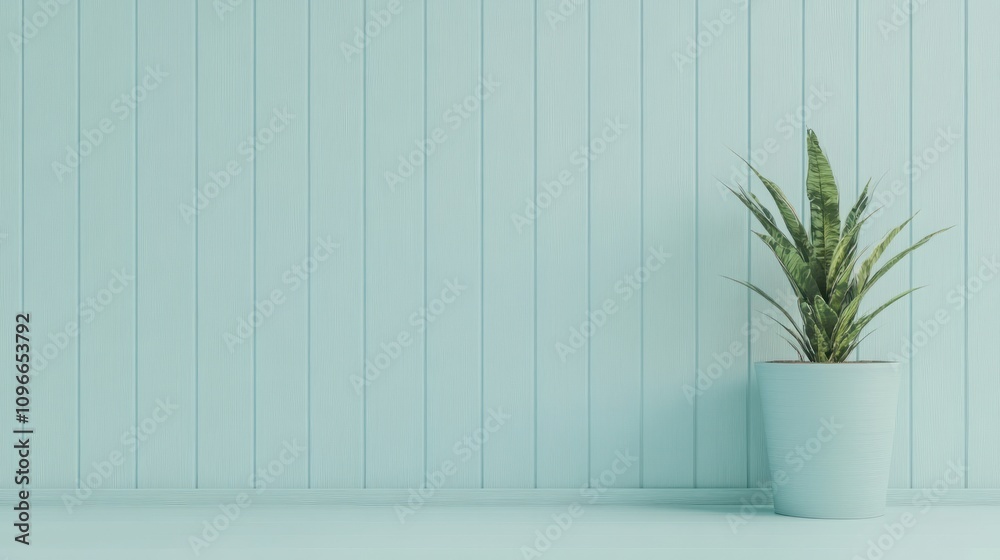 Serene Minimalist Interior: A Single Snake Plant in a Pastel Blue Pot Against a Light Blue Wood Panel Wall Serene Minimalist Interior: A Single Snake Plant in a Pastel Blue Pot Against a Light Blue Wood Panel Wall