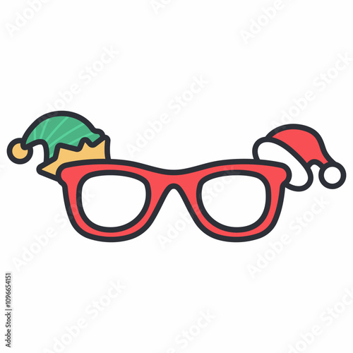 Christmas party glasses with elf and Santa hat vector cartoon illustration isolated on a white background.