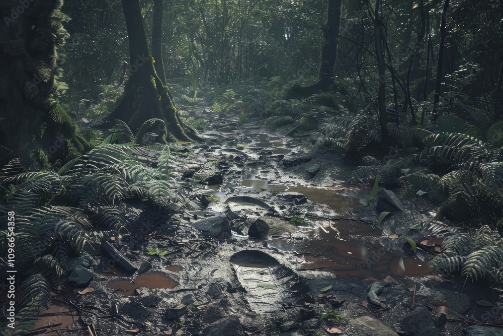 Footprints and puddles on a muddy trail in a lush rainforest with dense ferns and moss-covered trees. Sunlight filters through the canopy, highlighting the damp forest floor. Footprints and puddles on a muddy trail in a lush rainforest with dense ferns and moss-covered trees. Sunlight filters through the canopy, highlighting the damp forest floor.