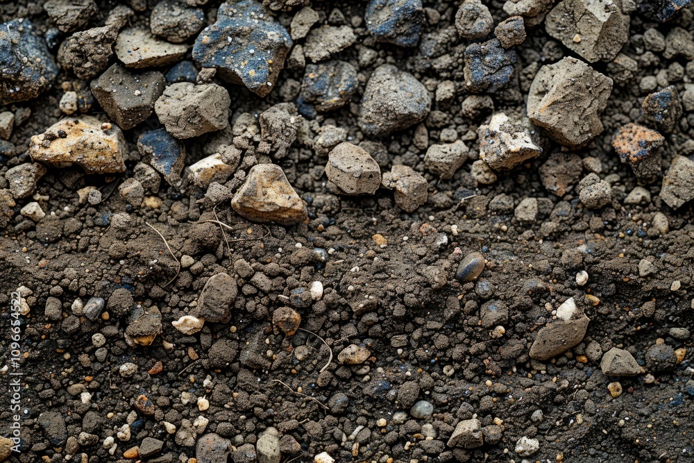 Close-up view of a textured soil composition with various rocks, pebbles, and fine grains. Earth structure and natural geology concept for educational and design purposes. Close-up view of a textured soil composition with various rocks, pebbles, and fine grains. Earth structure and natural geology concept for educational and design purposes.
