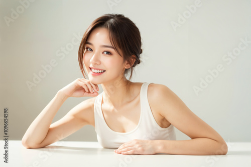 A woman with a white tank top is sitting at a table with her hands on her hips