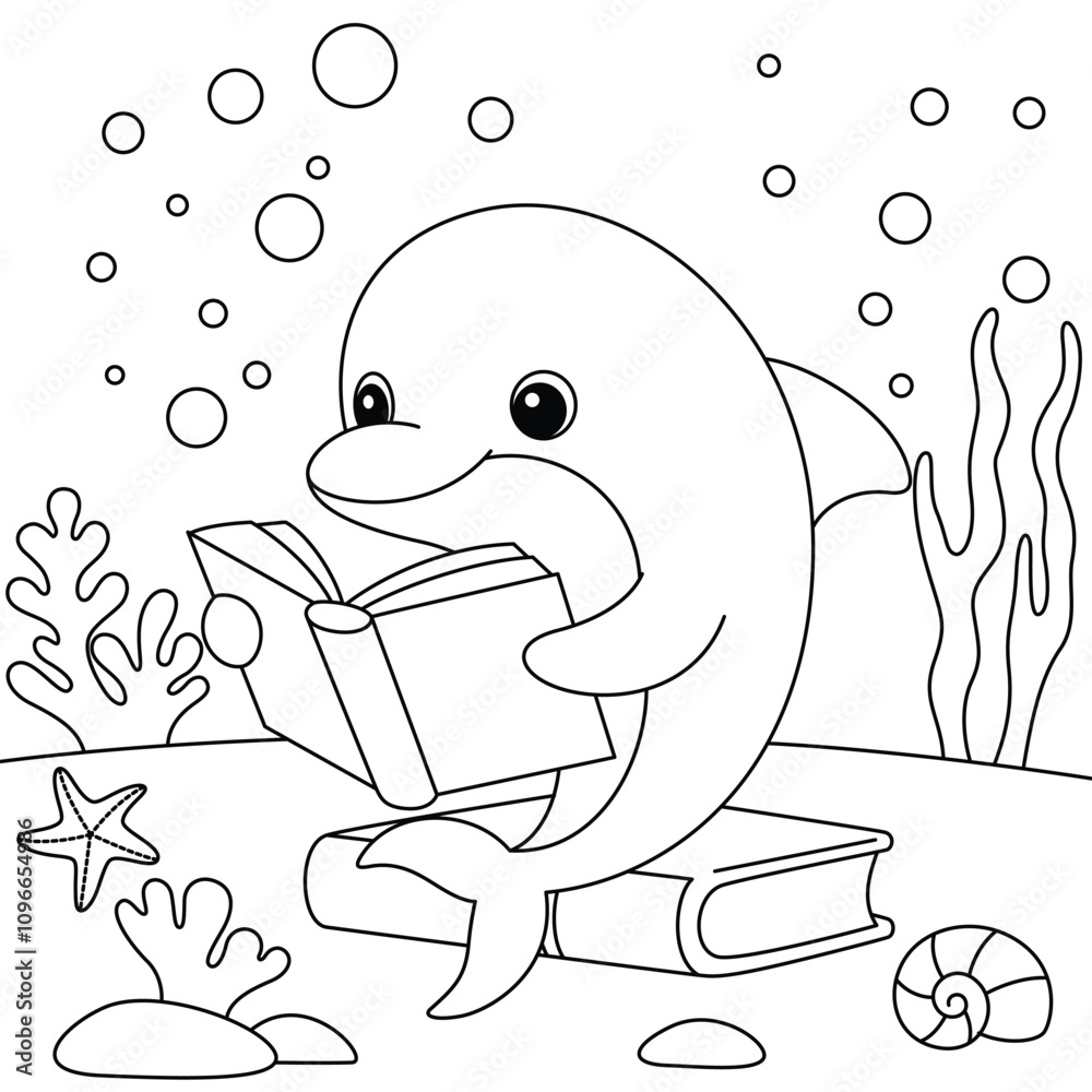 Dolphin Reading Book Coloring Page. Funny animal illustration colouring