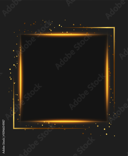 Festive advertising dark vector illustration background with golden dust and square banner