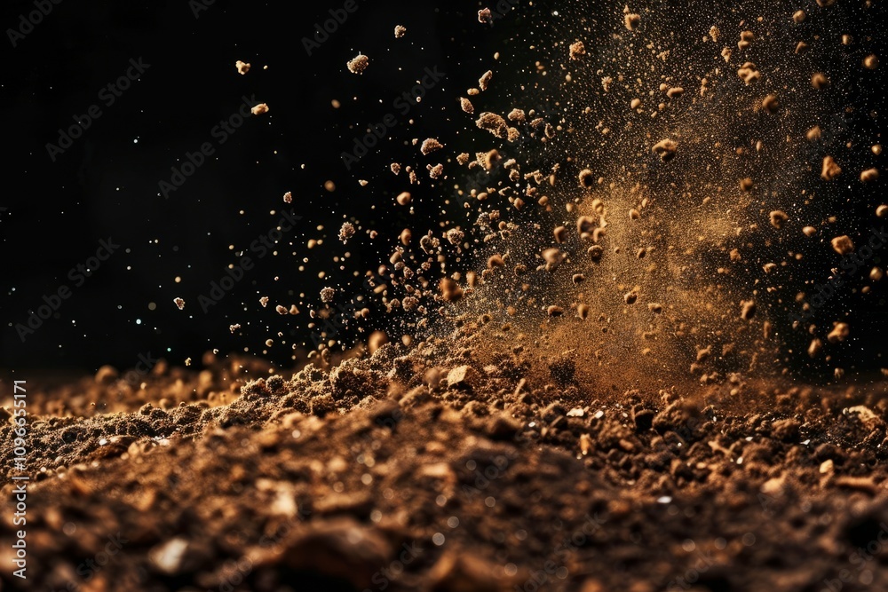 Flying soil and rock debris in motion against a dark black background. High-speed photography capturing dynamic energy and detail of airborne particles. Flying soil and rock debris in motion against a dark black background. High-speed photography capturing dynamic energy and detail of airborne particles.