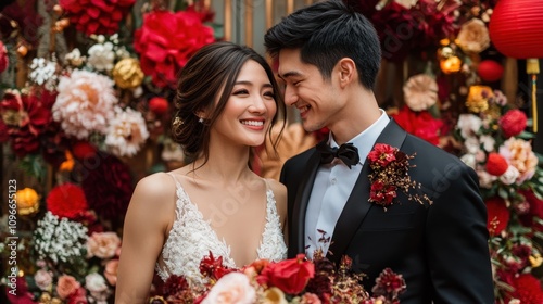 Elegant Modern Fusion Wedding with Chinese Aesthetic and Red Flowers
