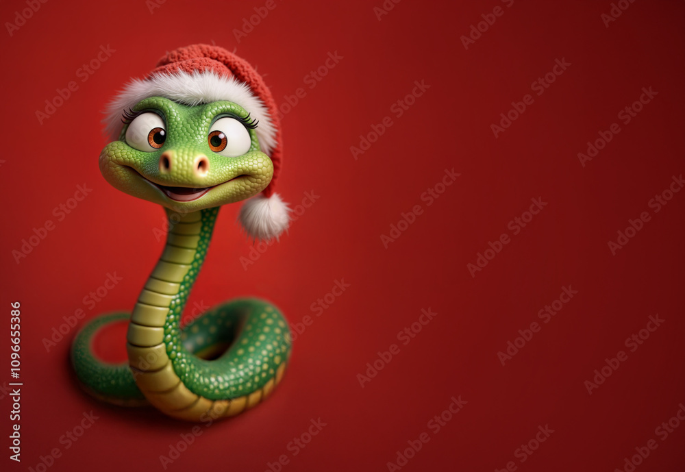 Fototapeta premium Green funny snake with Santa hat on red background. Symbol of 2025 year. Year of the snake. Mockup