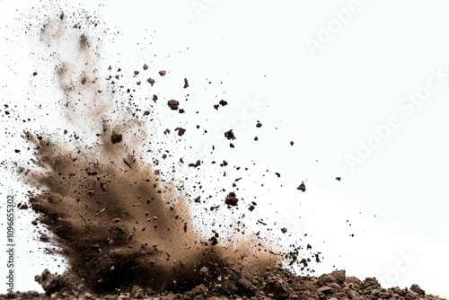 Close-up of soil particles scattering and exploding into the air on a white background. Dynamic motion capture symbolizing energy, nature, and impact. photo