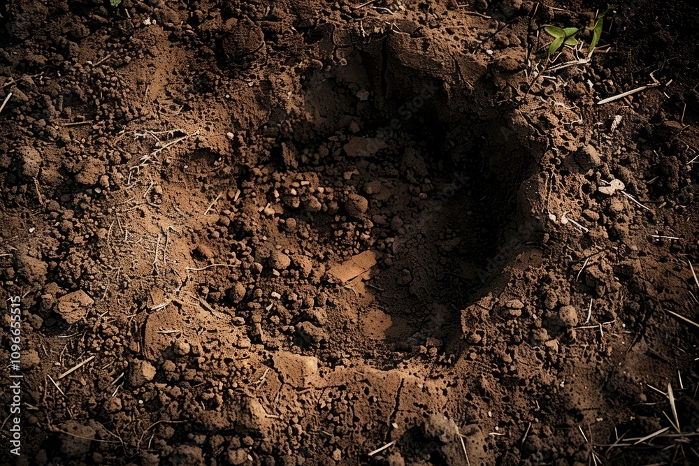 Fototapeta premium A freshly dug hole in dark soil, surrounded by loose dirt and dry organic material. Close-up of excavation for gardening or planting.