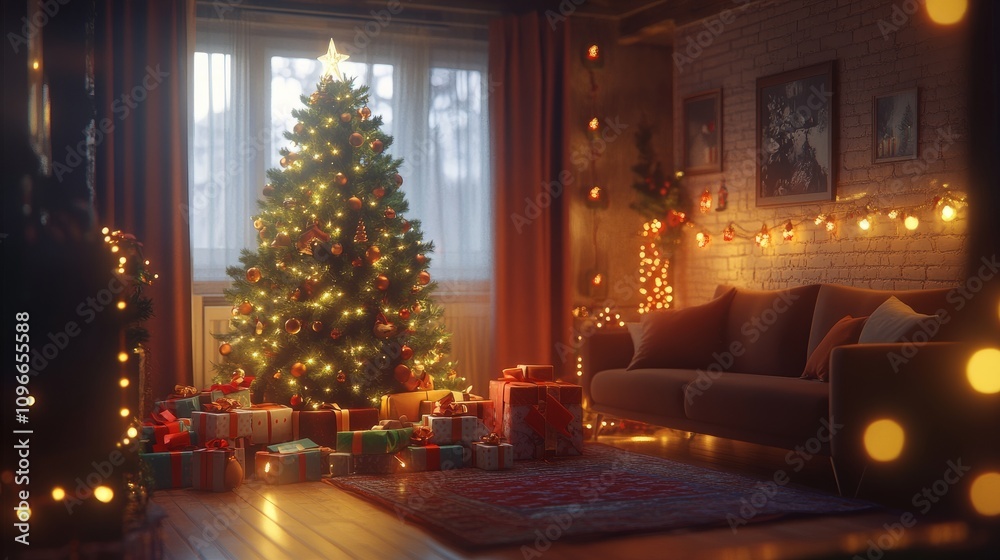 A festive living room corner with a decorated Christmas tree, a pile of presents, and a cozy sofa nestled among warm holiday lights A festive living room corner with a decorated Christmas tree, a pile of presents, and a cozy sofa nestled among warm holiday lights