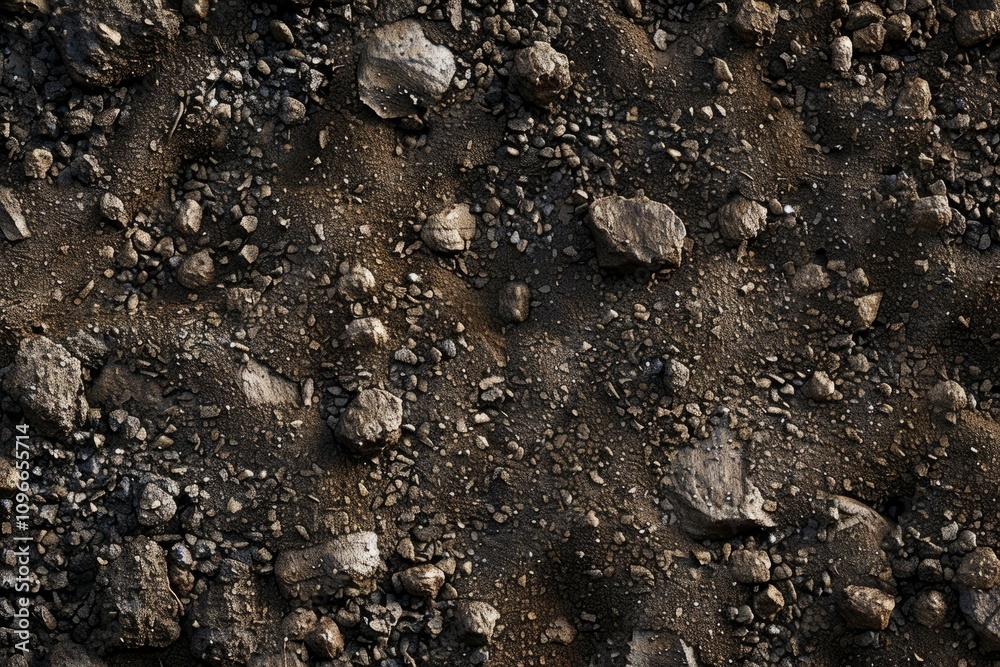 Top view of dry soil with scattered rocks, clumps, and organic debris. Natural earthy texture ideal for environmental or agricultural themes.