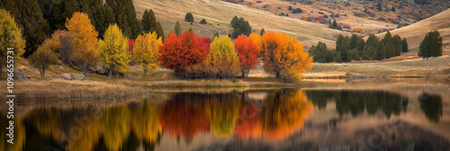 Brilliantly colored autumn trees reflect beautifully on a serene lake's surface, surrounded by hills, showcasing the vibrant palette of fall and peacefulness.