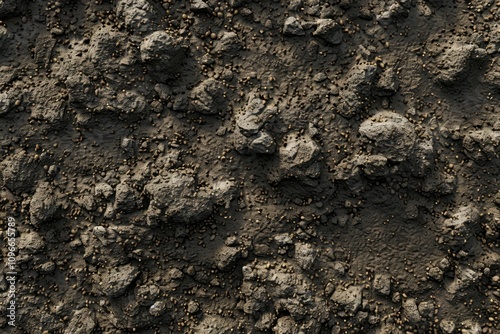 Top view of dry soil with scattered rocks, clumps, and organic debris. Natural earthy texture ideal for environmental or agricultural themes.