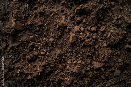 Top view of dry soil with scattered rocks, clumps, and organic debris. Natural earthy texture ideal for environmental or agricultural themes.