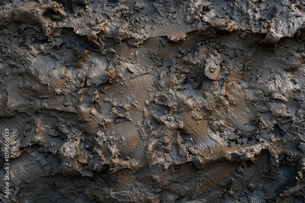 Fototapeta premium Close-up of wet, muddy soil with a rough texture and scattered puddles. Detailed view of saturated earth, ideal for environmental or geological themes.