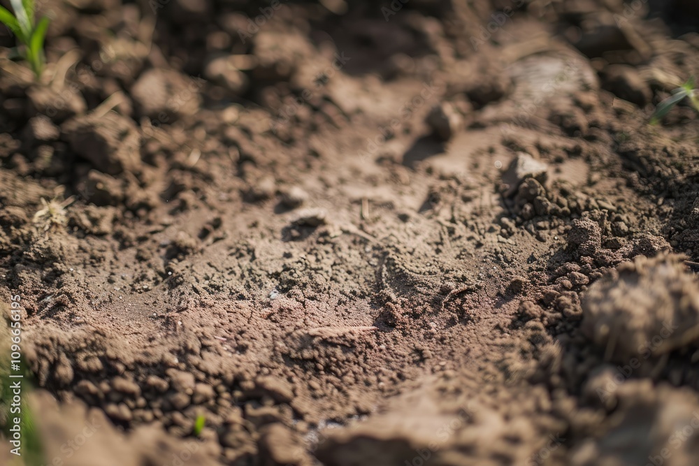 Close-up of dry, cracked soil with scattered clumps and blurred vegetation in the background. Symbolic of arid land and environmental challenges.
