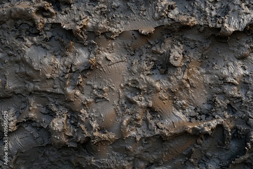 Close-up of wet, muddy soil with a rough texture and scattered puddles. Detailed view of saturated earth, ideal for environmental or geological themes.