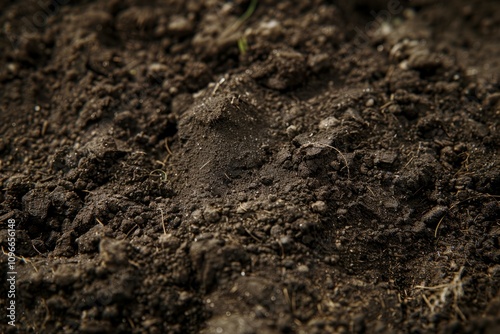 Top view of dry soil with scattered rocks, clumps, and organic debris. Natural earthy texture ideal for environmental or agricultural themes.