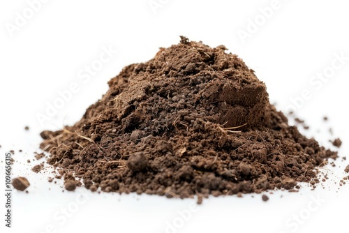 Pile of loose soil with fine texture and scattered particles on a white background. Minimalist depiction of earth and nature.