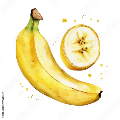 A vibrant illustration of a whole banana and a sliced banana, showcasing their bright yellow color and unique texture.