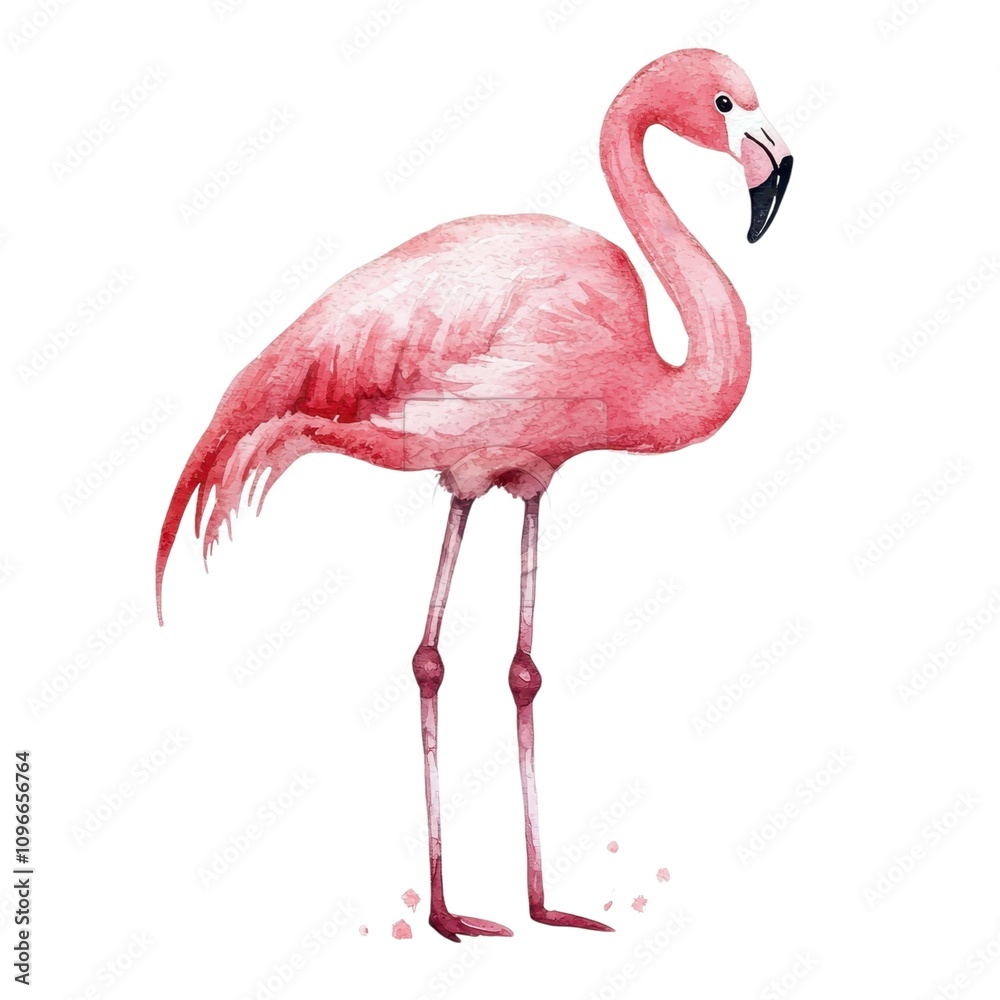 A vibrant pink flamingo stands elegantly on one leg, showcasing its distinctive long neck and slender legs in a watercolor style.