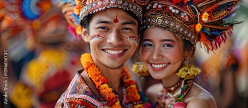 Smiling couple in vibrant traditional headdresses and attire at a cultural festival.