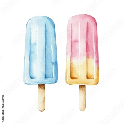 Two colorful ice pops, one blue and one pink with a gradient, displayed side by side on wooden sticks against a white background.
