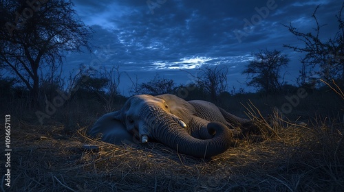 Dramatic documentary style photograph capturing a nighttime wildlife poaching scene in a rugged