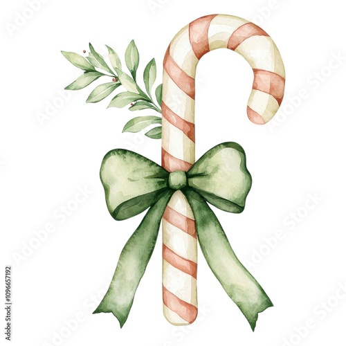 A festive watercolor illustration of a candy cane adorned with a green bow and a sprig of leaves, perfect for holiday themes.
