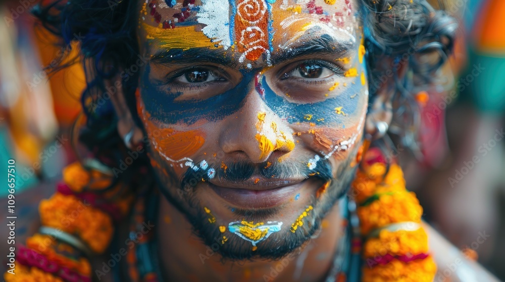 Close-up portrait of a smiling man with colorful face paint and flowers. Close-up portrait of a smiling man with colorful face paint and flowers.