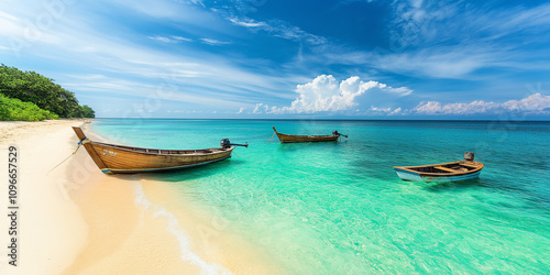A serene beach with clear turquoise waters and scattered wooden boats, bordered by lush greenery, perfect for a peaceful escape into nature's beauty.