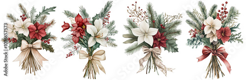 Set of watercolor bouquet of red and white poinsettia, tied with ribbon, eucalyptus, gum leaves, sage green, watercolor, isolated on a Transparent background