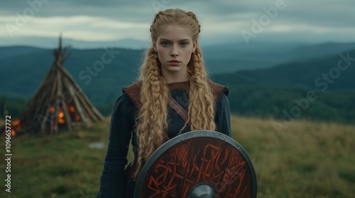 Viking shieldmaiden standing at home facing the camera photo