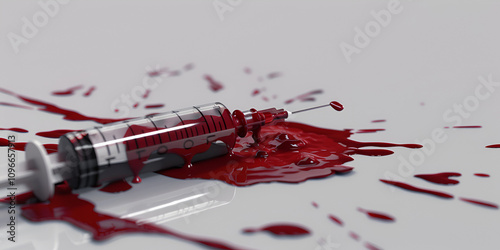 Blood-Splattered Syringe on White Surface - Medical Hazard Image for Health and Safety Awareness