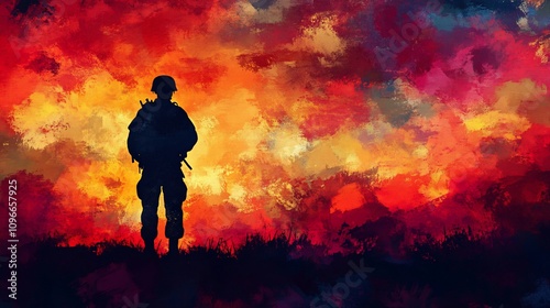 Silhouette of soldier against fiery sunset.