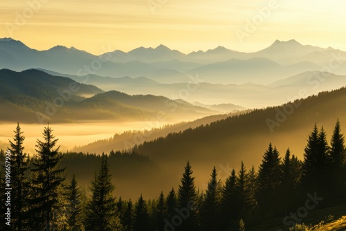 Sunrise over a Misty Mountain Landscape: A Breathtaking Mountain Panorama
