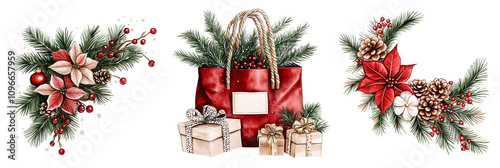 Set of watercolor Christmas decor elements isolated on a Transparent background