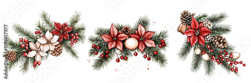 Set of watercolor Christmas decor elements isolated on a Transparent background