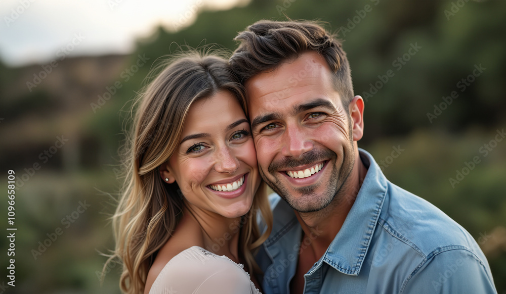Happy young couple smiling together in a natural outdoor setting. Love and relationship concept. Happy young couple smiling together in a natural outdoor setting. Love and relationship concept.