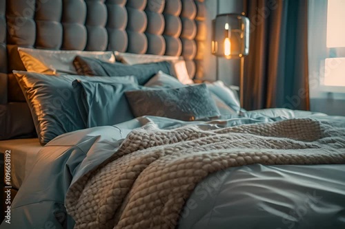 A cozy and luxurious bed with soft pillows, a knitted blanket, and warm lighting from a bedside lamp, creating a relaxing and elegant bedroom ambiance photo