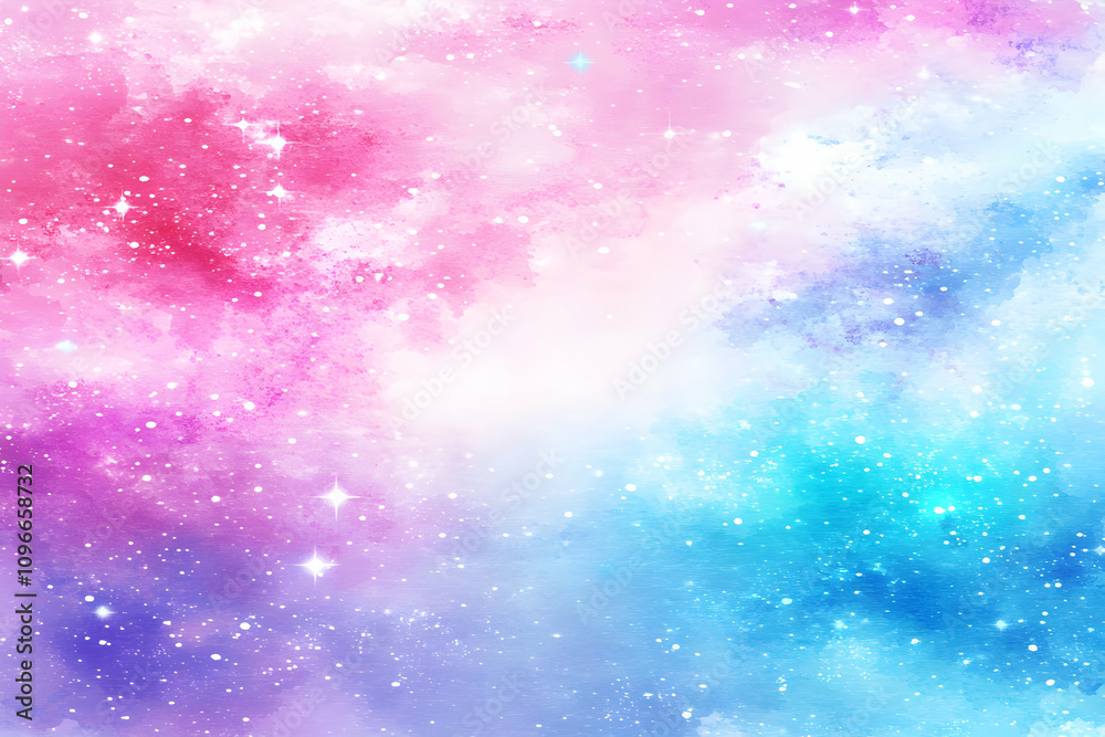 Obraz premium Dreamy pastel galaxy watercolor background, perfect for websites, social media, or design projects. Features vibrant pink, blue, and purple hues with sparkling stars.