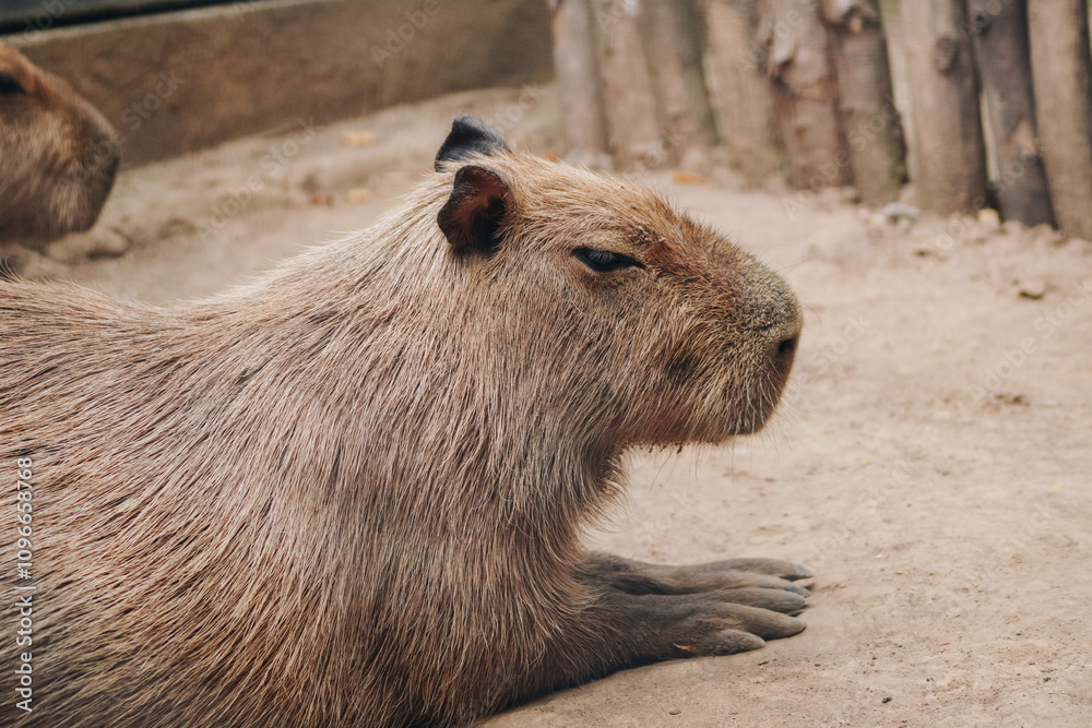 Close up animal picture of Capybara or greater capybara (Hydrochoerus hydrochaeris) in a zoo. Close up animal picture of Capybara or greater capybara (Hydrochoerus hydrochaeris) in a zoo.