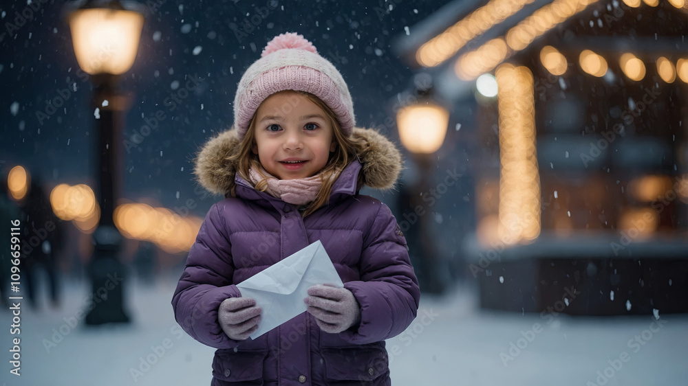A cheerful young girl in a purple winter jacket holding a letter, standing in the snow with festive glowing lights behind her