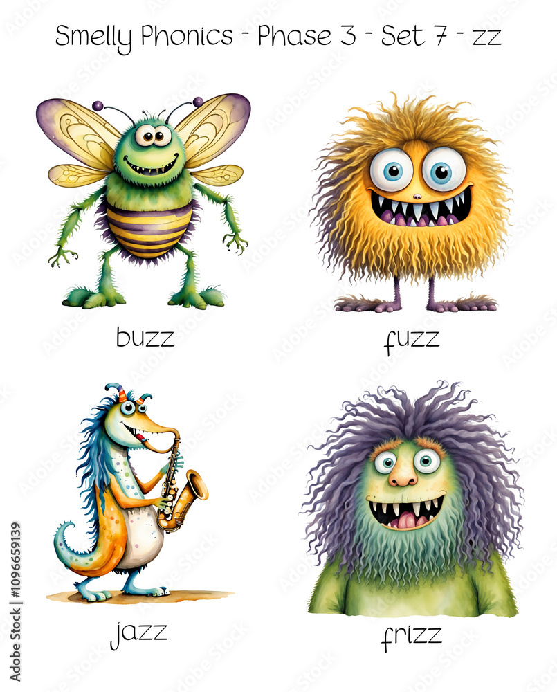 Obraz premium Smelly Phonics - Phase 3 - Set 7 - zz - buzz, fuzz, jazz, frizz