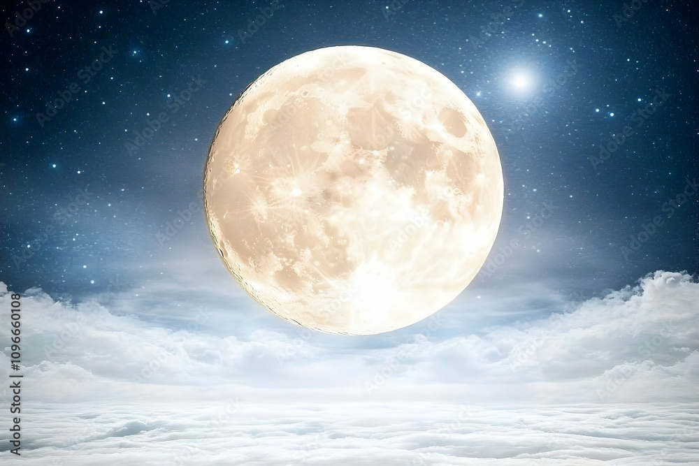 Majestic full moon above a serene cloudscape under a starlit night sky. Perfect for dreamy, peaceful, or celestial themes. Majestic full moon above a serene cloudscape under a starlit night sky. Perfect for dreamy, peaceful, or celestial themes.