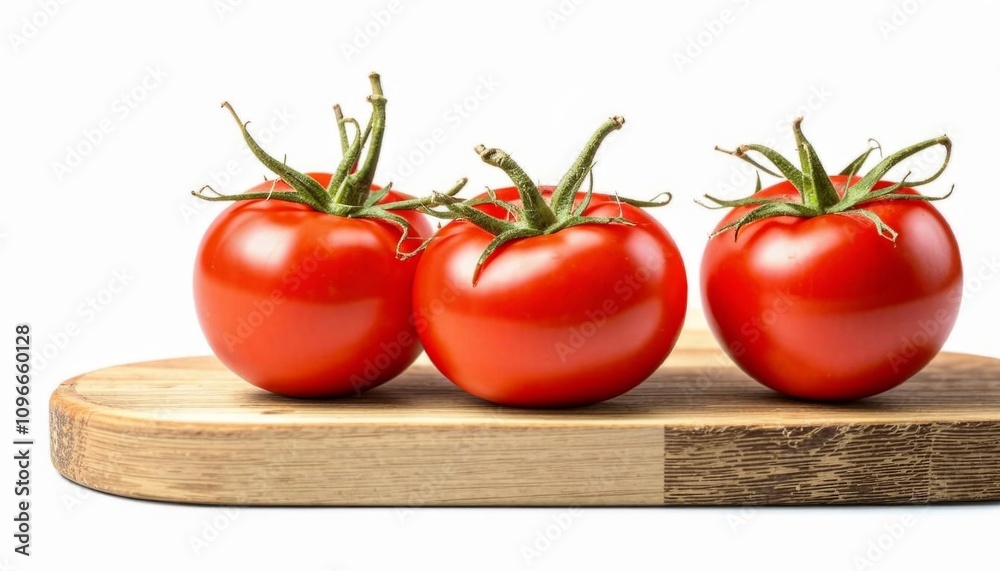Red, juicy and ripe tomatoes lie on a wooden board on a white background. AI generated. Red, juicy and ripe tomatoes lie on a wooden board on a white background. AI generated.