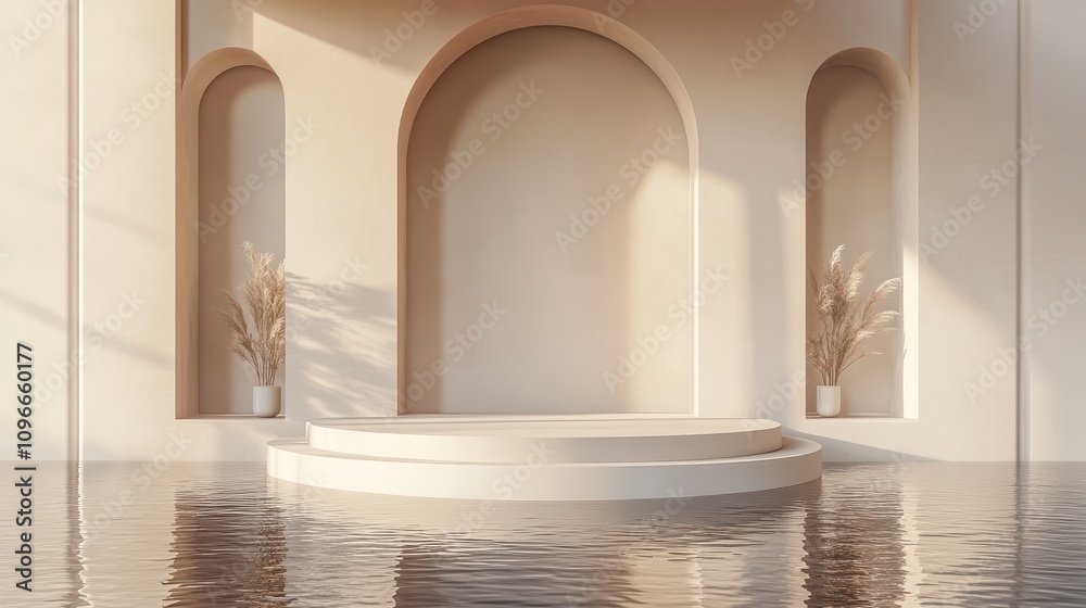 Fototapeta premium 3d background product display podium scene with leaf geometric platform,cloud and sky, palm shadows and white stone podium,Mockup for eco beauty cosmetic advertising,Copy space.