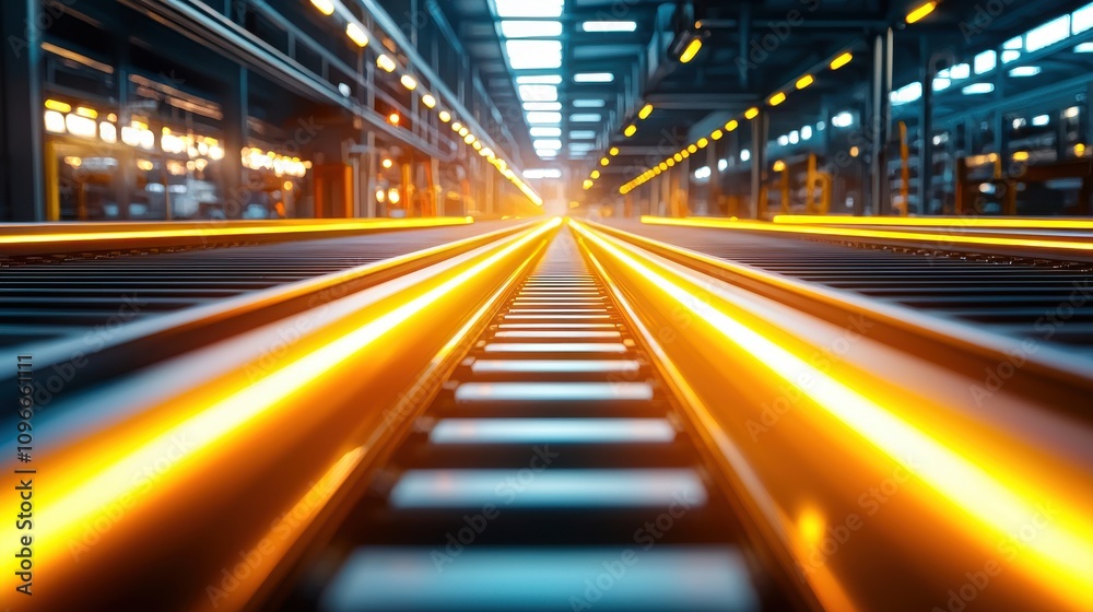 Vivid Lighting Effect on Rails in a Manufacturing Process Environment Vivid Lighting Effect on Rails in a Manufacturing Process Environment