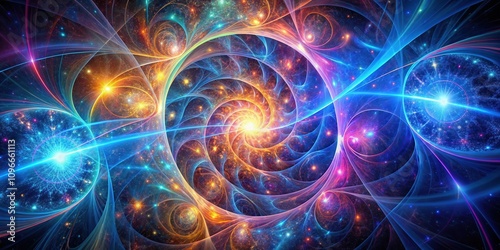 Abstract Cosmic Swirl of Light and Color, a Symphony of Fractal Patterns and Glowing Stars