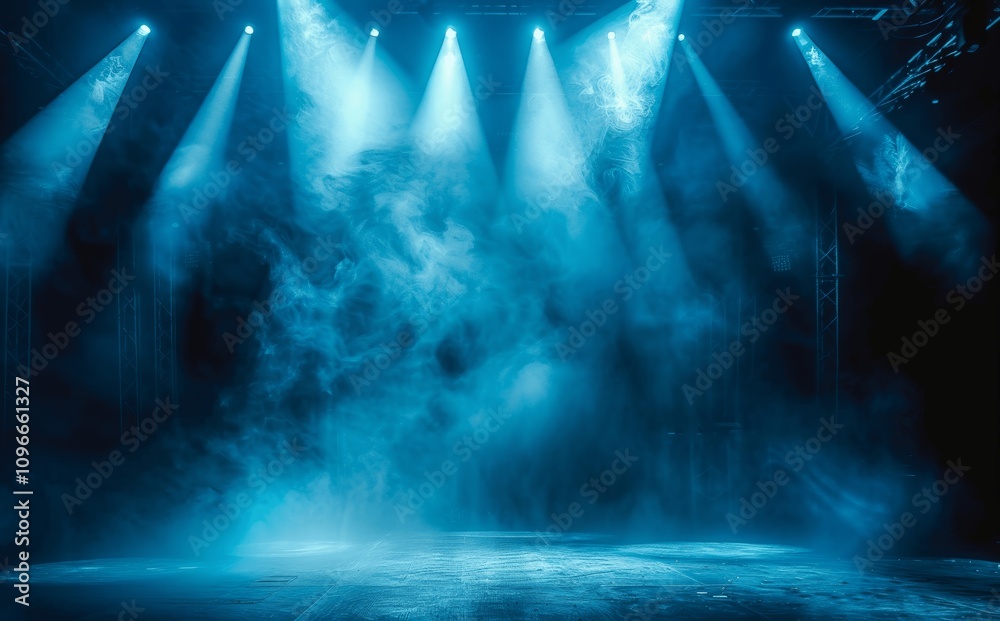 Fototapeta premium Moody Blue Rock Concert Stage with Spotlights and Smoke