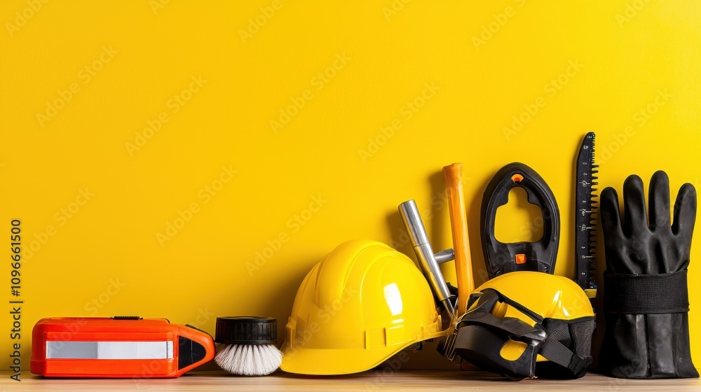 Fototapeta premium Yellow Construction Tools and Safety Gear on Vibrant Yellow Background